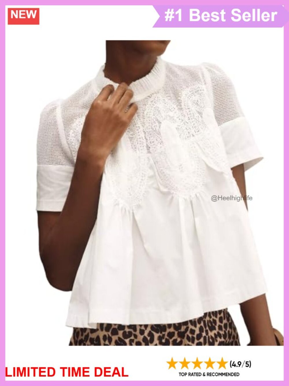 Lace Detail Flared Blouse Short Sleeve Crew Neck Poplin Mesh